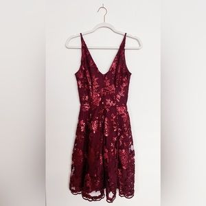 Dress the Population Morgan Sequin Fit Flare Dress in Berry | Size XS